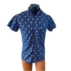 Good Vibes Men Hawaiian camp Small Slim Fit pink flamingo print blue cotton